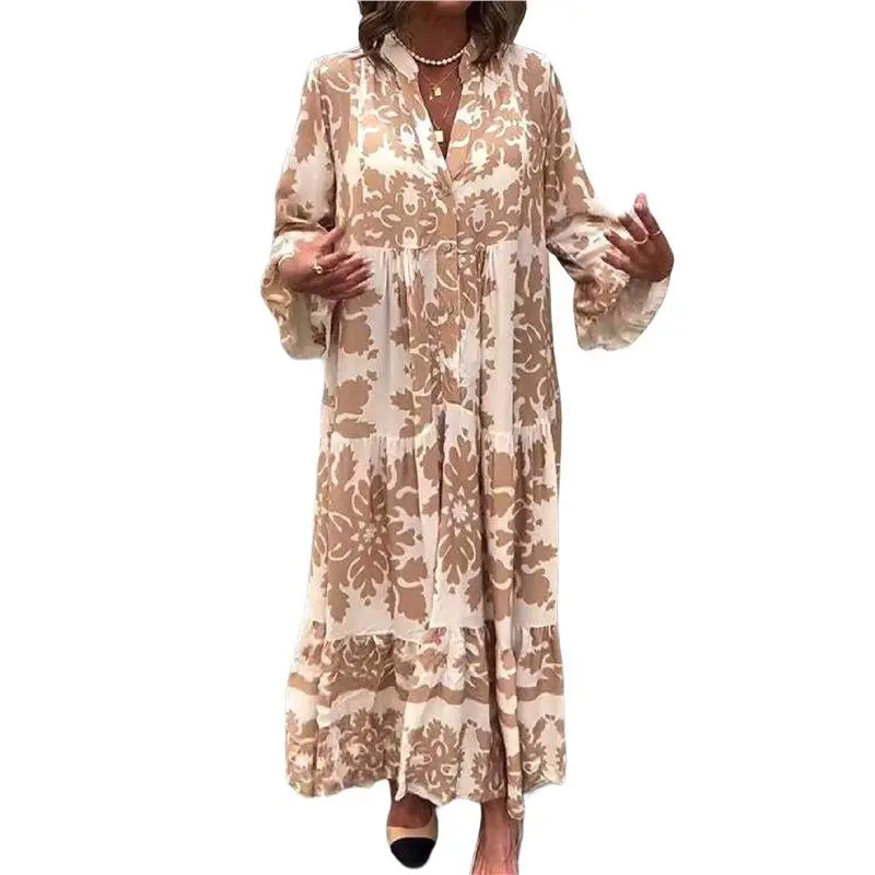 Kf quente-feminino elegante gola trompete manga impressa moda em camadas manga de três quartos maxi vestido