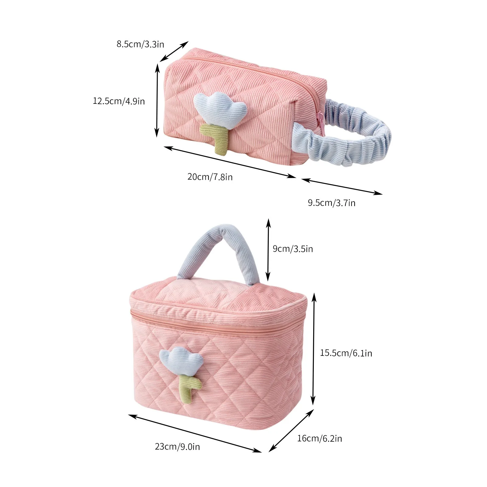 1 Set Solid Color Flower Makeup Bag Set Zipper Large Soft Corduroy Cosmetic Bag Female Travel Make Up Beauty Case Set