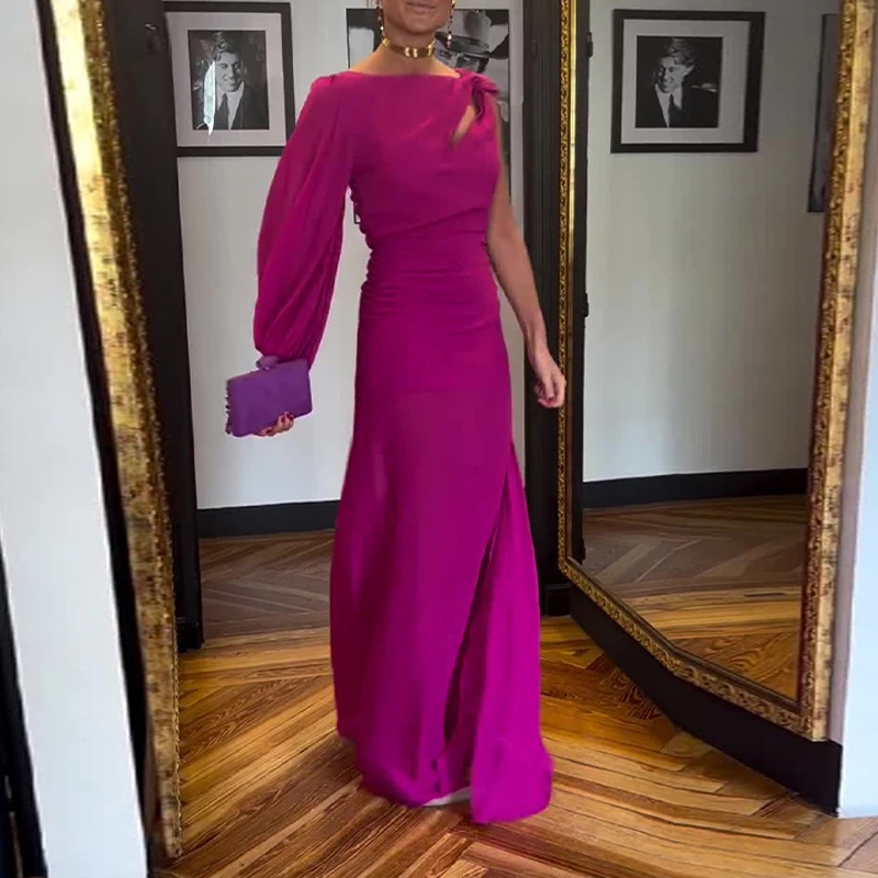 2024 Fashion Banquet Evening One Shoulder Party Dress Women Elegant Hollow Out Solid Gala Dress Chic O Neck Draped Female Dress