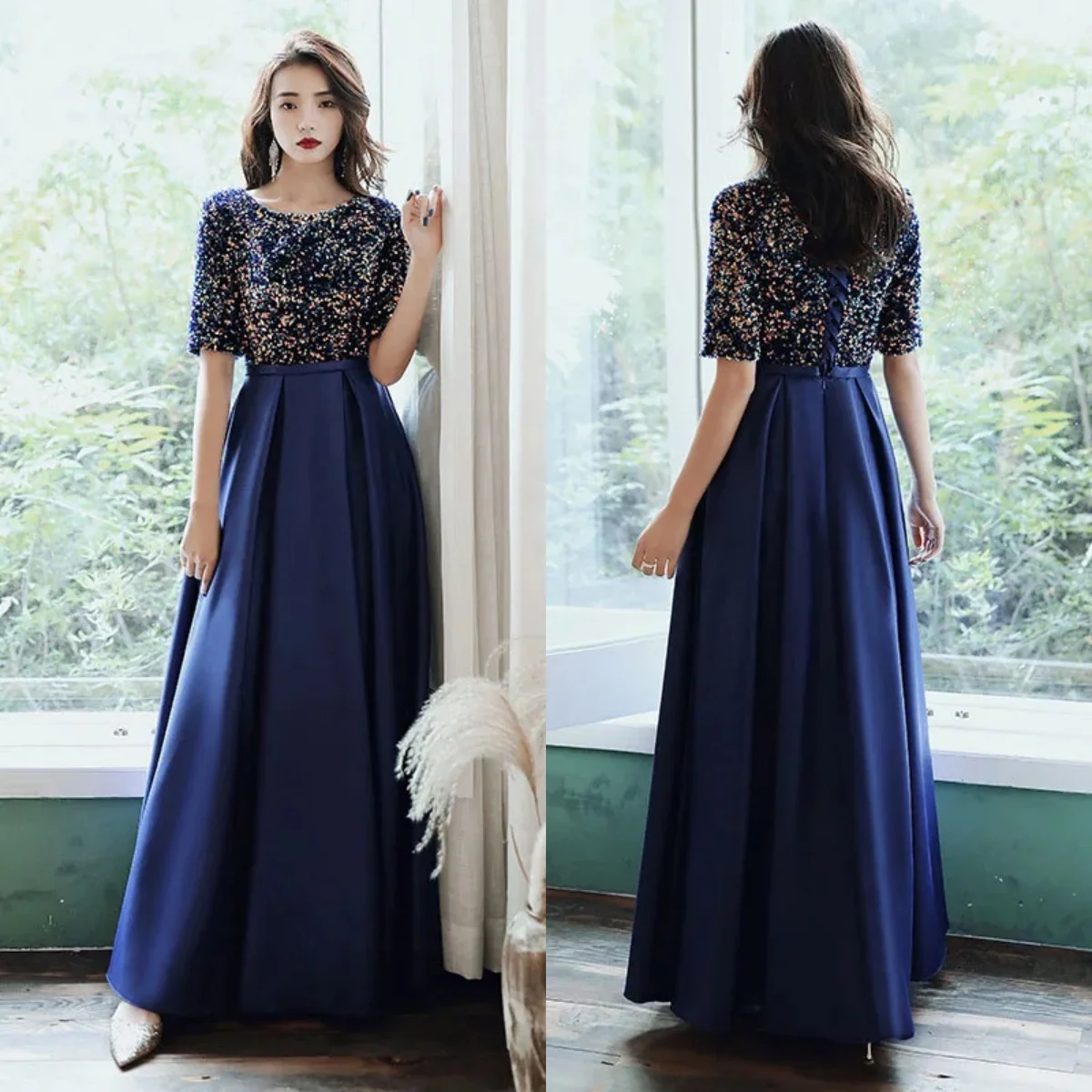 

Evening Dresses Navy Blue Sequined O-neck Short Sleeves A Line Robe De Soiree Floor Length Zipper Plus size Women Party Gowns