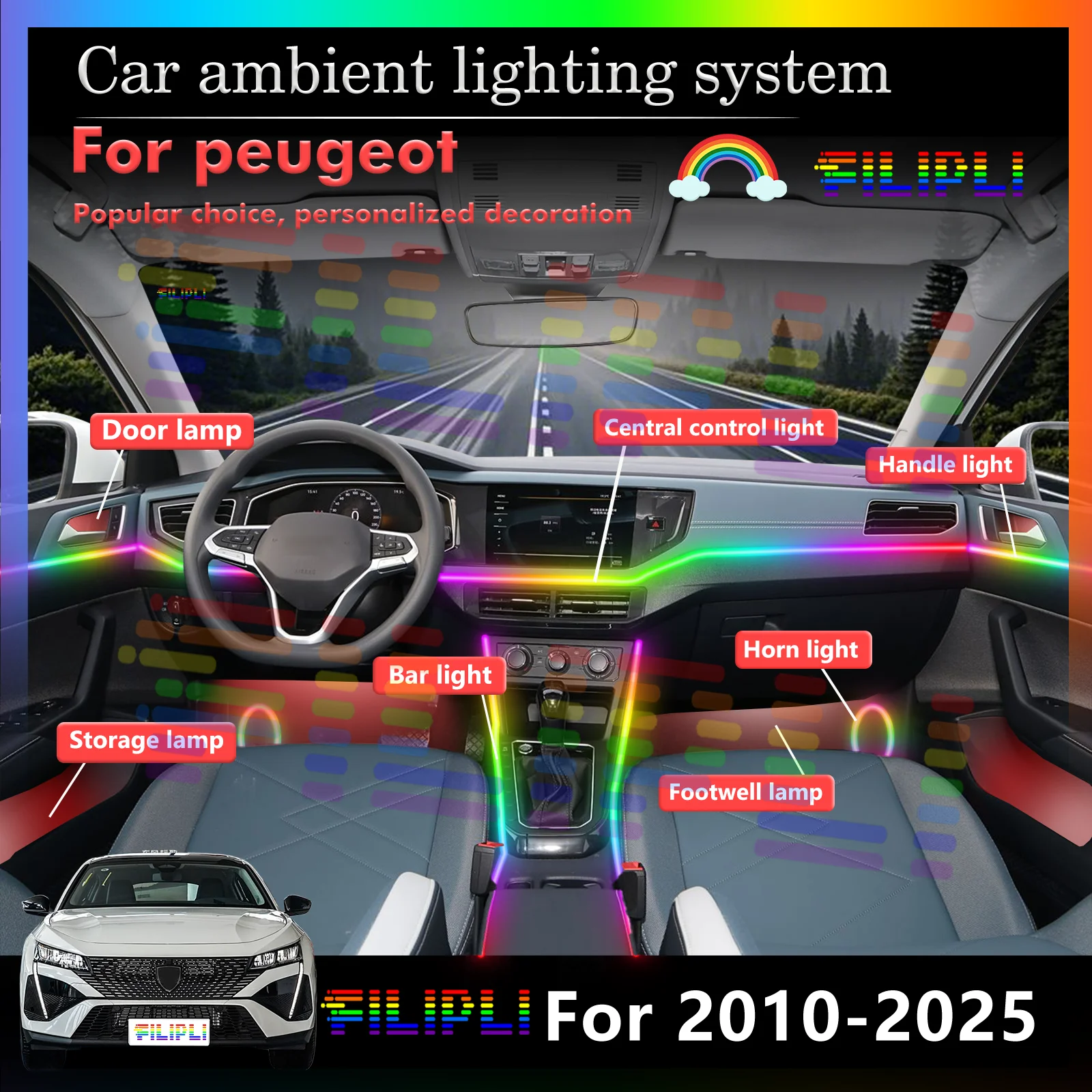 

For peugeot Car Interior Ambient Lights RGB LED Strip - Smart APP Control, 12V IP67 Waterproof, 16M Colors & Music Sync