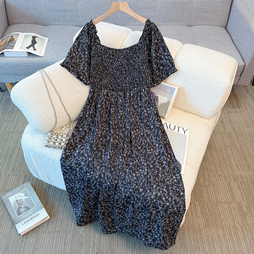 夏のレディースプラスサイズ半袖ワンピース ブラックプリントシフォンロングワンピース 2025新作 レディース服 デートワンピース 大きいサイズ