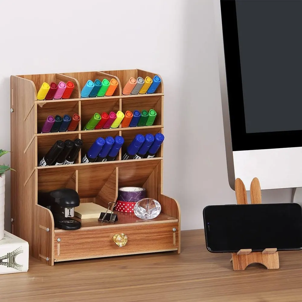 

Wooden desktop stationery organizer, multi-functional desktop pen holder with drawers. 5-layer design, easy to assemble.