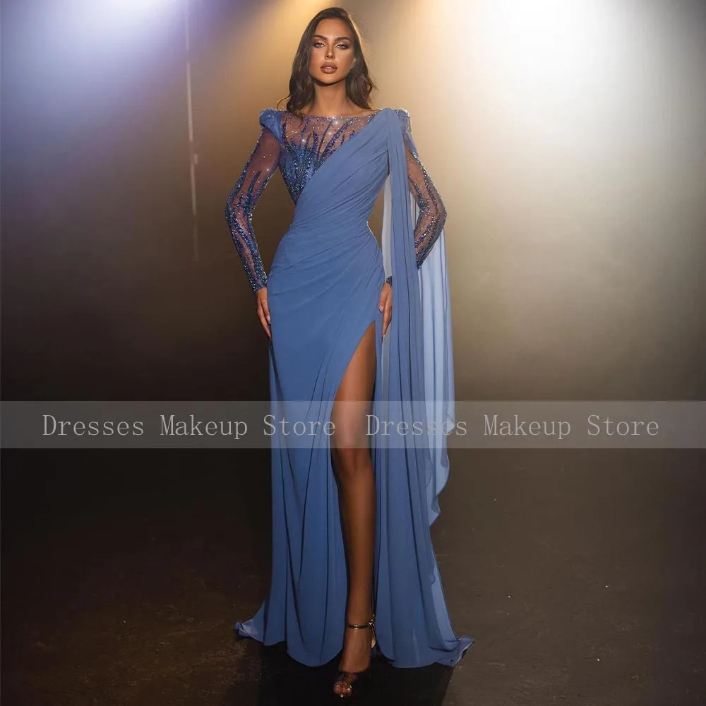 Sexy Evening Dress Sky Blue Beading Long Sleeves Luxury   Gowns  Side High Slit Mermaid Illusion Prom Dresses 2023