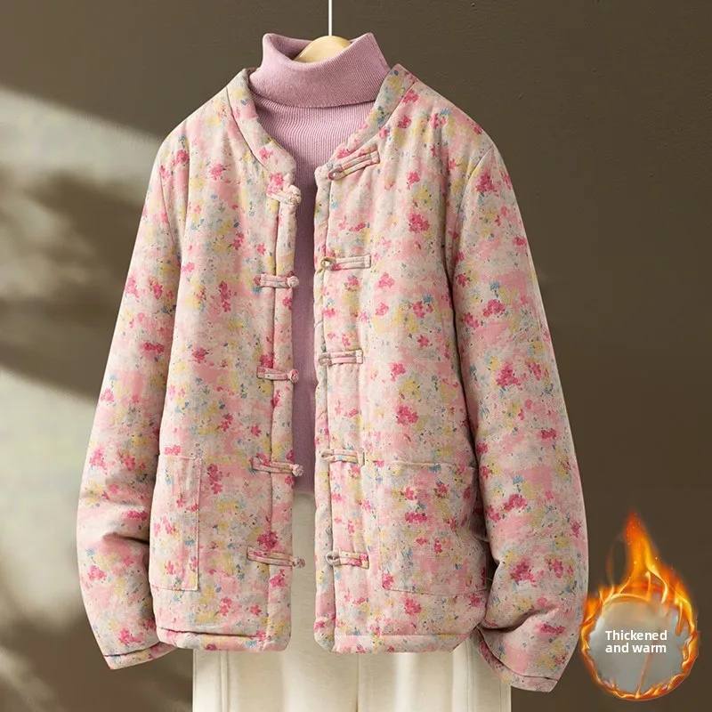 

Thiened Cotton Jaet Women's Winter Hanfu Cotton Linen Floral Print Button Sle Coat Long Sve Regular Length Casual Wear