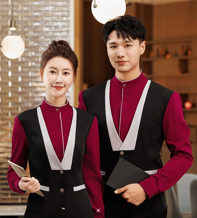 Uniformes de Service alimentaire à manches longues pour hôtel, Restaurant, café, barman, Bar, ensemble d'uniforme de serveur avec tablier, chemise de travail pour Bar