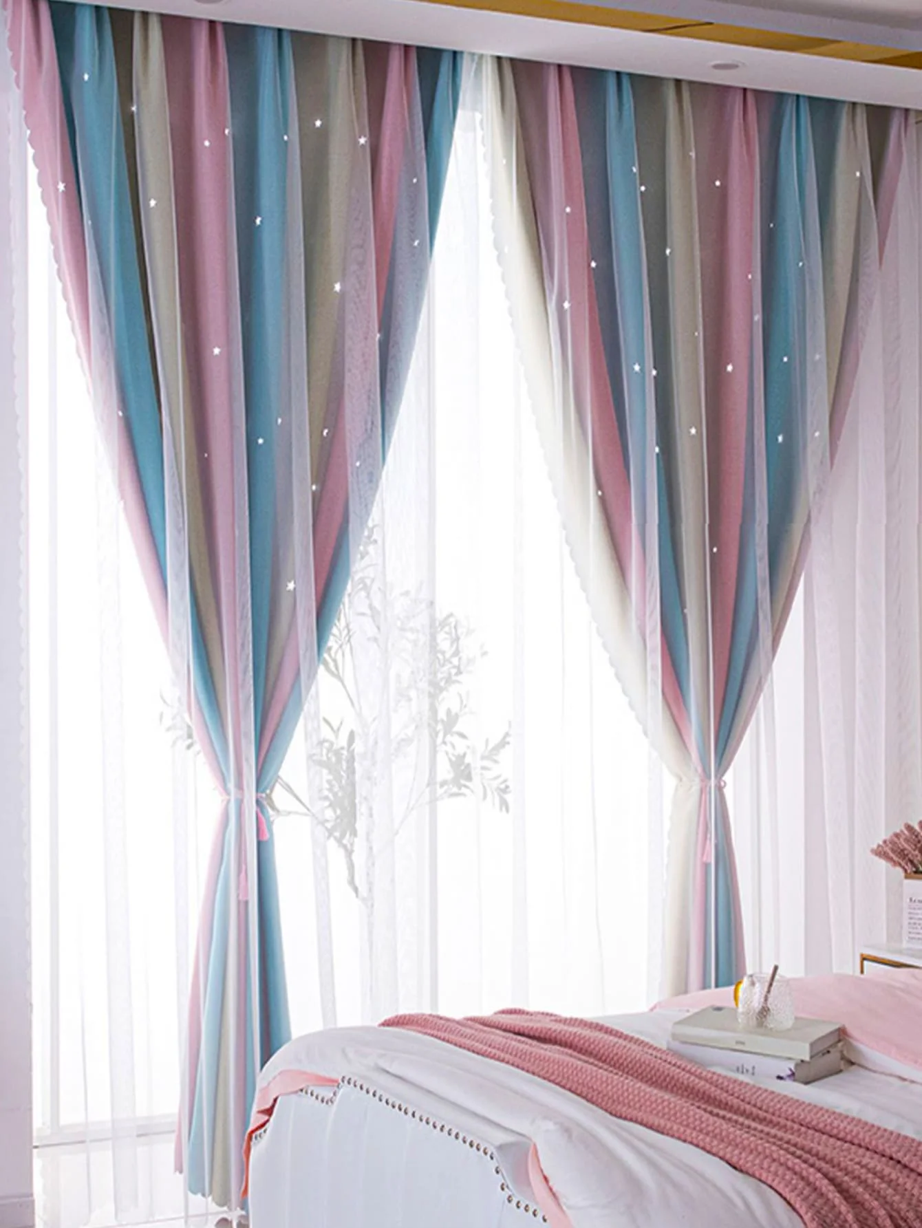 Blue and Pink Blackout Kids Curtains for Bedroom Star Curtains for Boys Antique Grommet Top Window Treatment