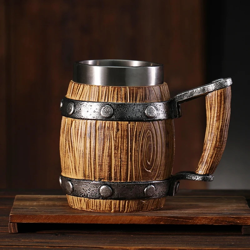 

Forest Style Wooden Barrel Beer Mug 600ml Stainless Steel And Resin Eco-Friendly Material Goblet Coffee Cup Wine Glass SKU118MUG