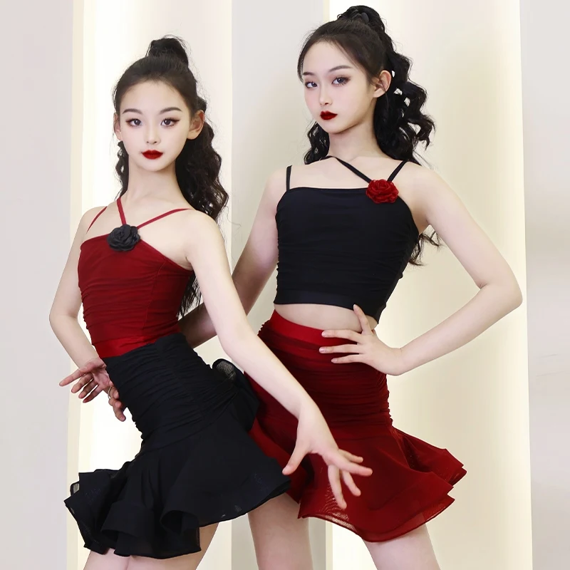 

Kids Summer Latin Dance Peactice Clothes Girls Professional Dance Tops Fishbone Skirt Cha Cha Rumba Dance Clothing Sets DNV23758