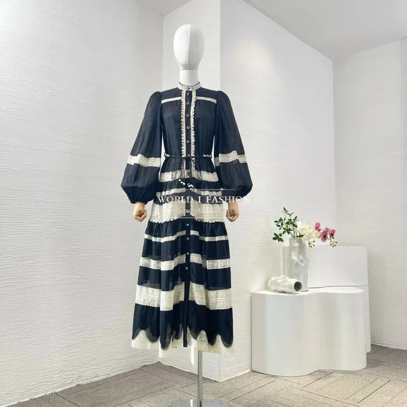 أسود أبيض طويل فانوس كم الدانتيل المرقعة ميدي فستان الخريف أحدث فساتين النساء 2025 موضة أنيقة #1