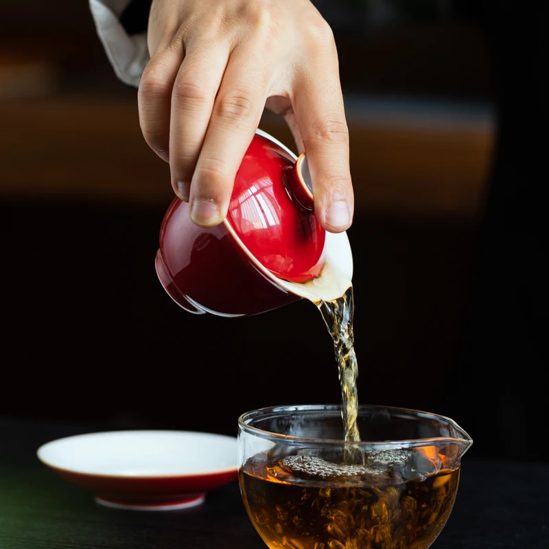 Red Ceramic Tea Cup with Lid Jing Red Glaze Tea Serving Bowl Tea Brewing Bowl Three Elements Cover Bowl Wedding Tea Set