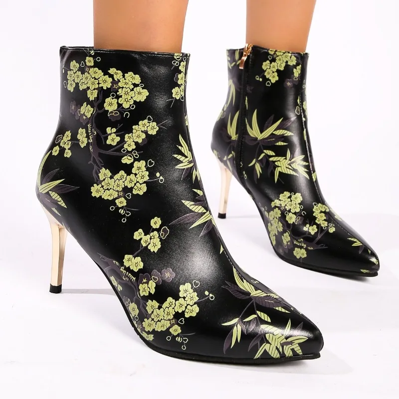 

Fall/Winter Printed Stiletto Booties Fashion Pointed Toe Paneled Zipper Heeled Cotton Shoes