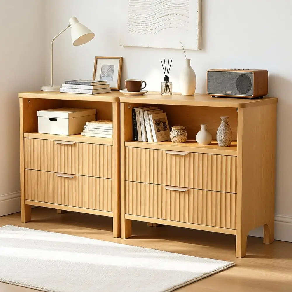 Charging Station Nightstand Set, 23 Wide with Storage Shelves, Natural Oak Wood, Modern Bedroom/Living Room