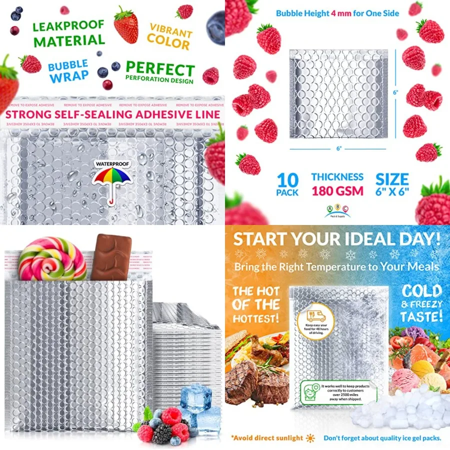 

Thermal Bubble Mailer, 6 x 6 Inch Metallic Foil Insulated Envelopes, 10 Pack Self Seal Waterproof Shipping Mailers for Cold Shi