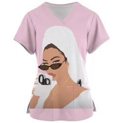 Vrouwen Werken Uniform Schoonheid Afdrukken Cartoon Korte Mouw V-hals Tops Femme Blouse Verpleegkundige Werkkleding Schoonheidsspecialiste Werkkleding