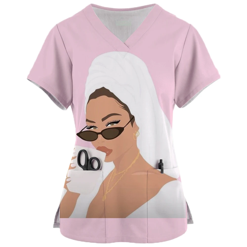 Women Working Uniform Beauty Printing Cartoon Short Sleeve V-Neck Tops Femme Blouse Nurse Work Wear Beautician's Work Clothes