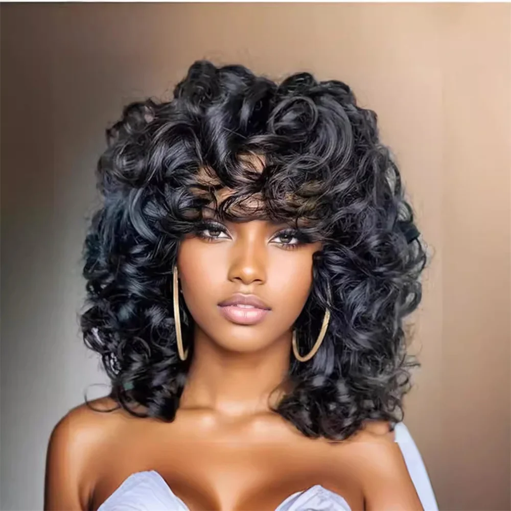 New Pattern European and American Fashion Wig Short Curly Wig center part Long  Bangs and Curly Hair for Women Synthetic Wigs