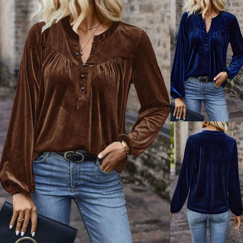 Spring Autumn Solid V-Neck Button Long Sleeve Top Women's Plus Size Commuter Casual