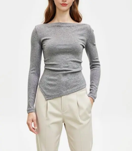 

Женская серая трикотажная рубашка, осень 2023, новый стиль, топ с наклонными плечами и длинными рукавами, модная повседневная одежда