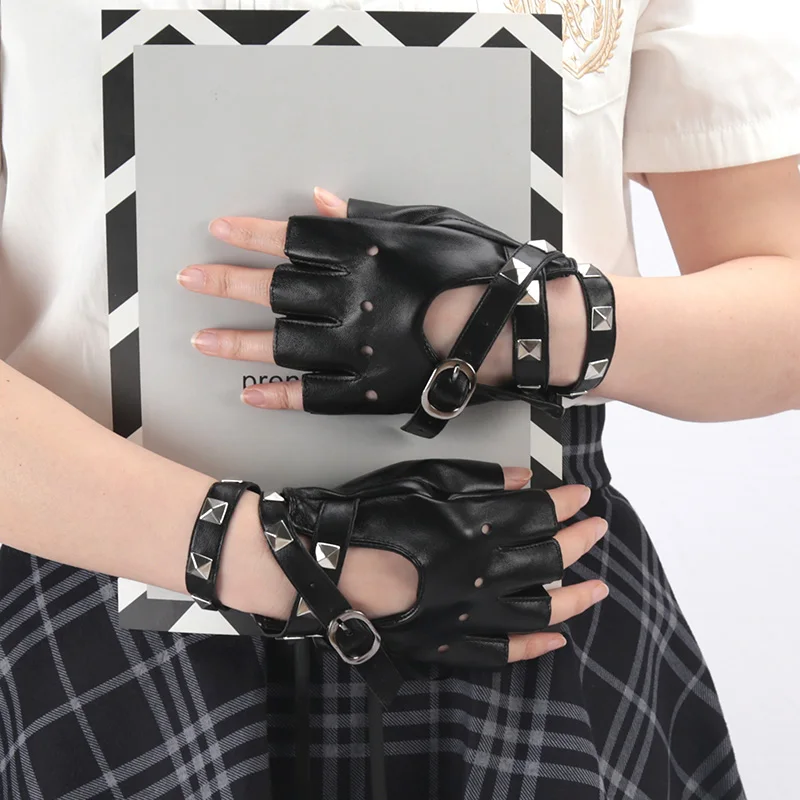 Women Black Fingerless Gloves Sexy Bandage Rivet Gloves Personality Buckle Straps Punk Gothic Lolita Cosplay Performance Mittens