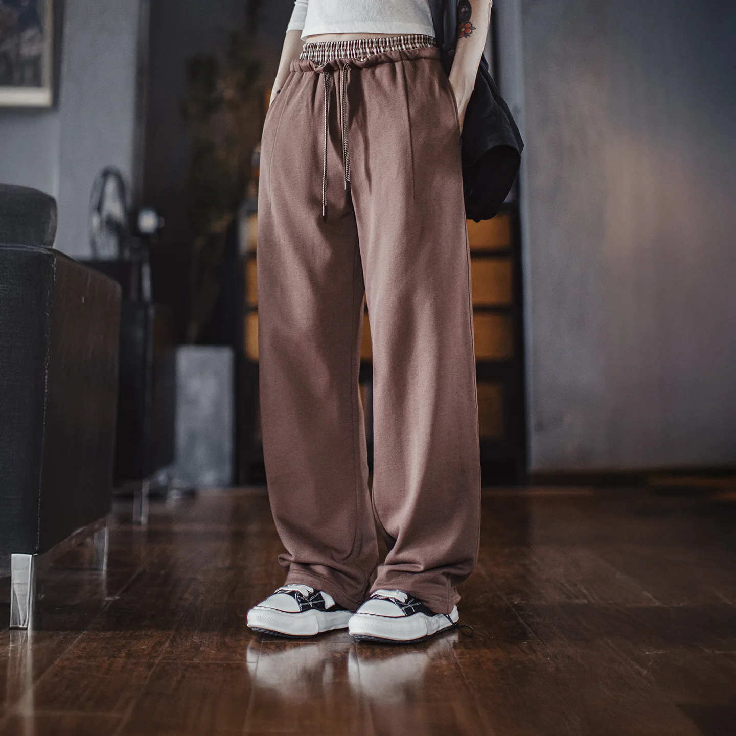 Maden Women's Vintage Plaid Patchwork Sweatpants Cotton Jogger Pants Adjustable Cuff Drawstring Casual Trouser for Autumn Winter