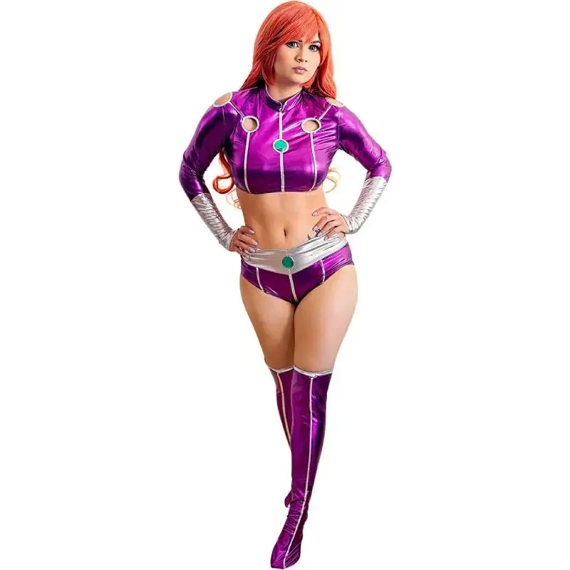 Dazcos Teen Titan Starfire spandex zentai suit women's costume purple Princess Koriand'r cosplay costume sexy purple bodysuit