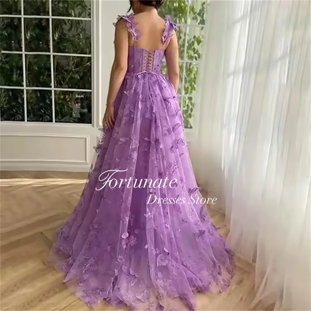 Fortunate Flowers Appliques Tulle Prom Dresses Spaghetti Straps Sweetheart Neck High Side Slit Back Lace Up Evening Gowns 2024