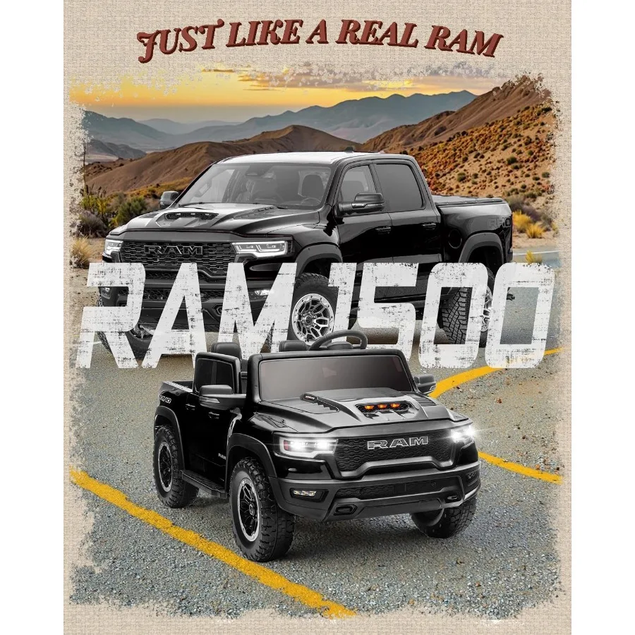 24V Ride on Toys for Big Licensed RAM 1500 RHO Electric Car for w/Remote Control Ride on Truck w/Bluetooth LED Lights Truck Bed