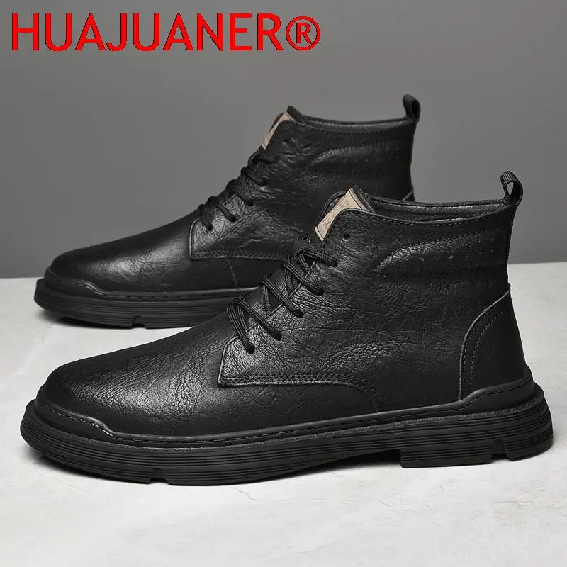 Genuine Leather Black Mens Boots Fashion Designer Mens Shoes Winter Fur Lace-Up Male Ankle Boots Lightweight Motorcycle Boots