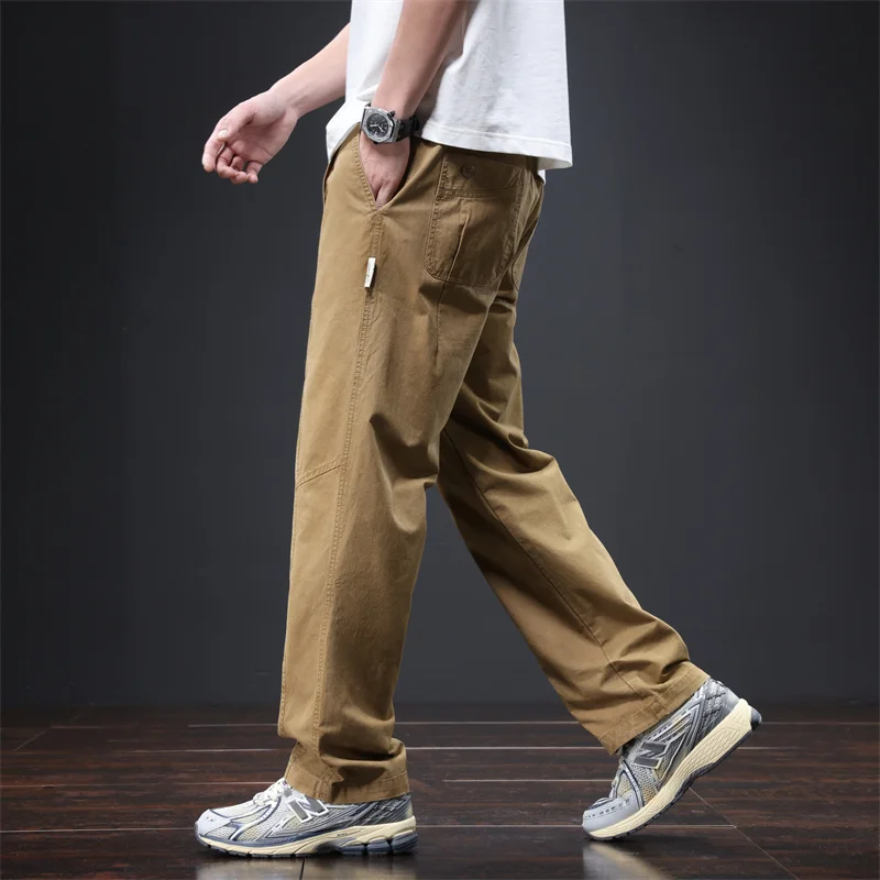 Calça feminina de perna larga reta masculina, tecido de algodão japonês, streetwear retrô, estilo americano, primavera e outono