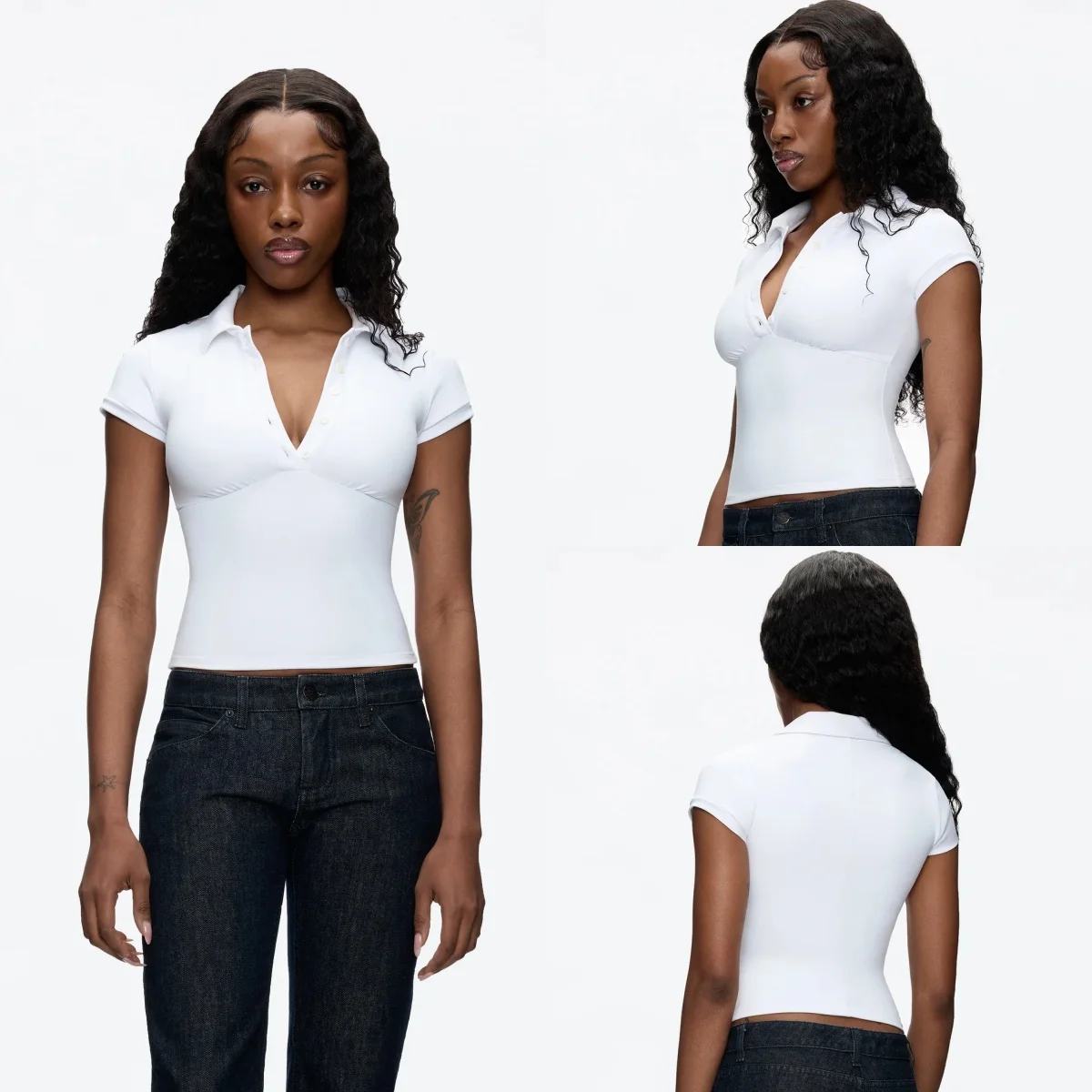 

Tank White Polo Collar Short-Sleeve T-Shirt, Slim-Fit Waist-Cinching Style, Sexy Short Top, High-Elastic Slim-Fit Waist-Cinching Polo Shirt, Versatile for Layering or Wearing Alone, Suitable for Commuting