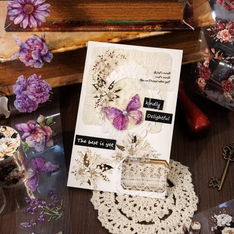 1Roll 2M Handbook Scrapbook Flower Letter Tape Border Material Decoration PET Vintage Flower PET Tape Roll Adhesive 50mm*2m