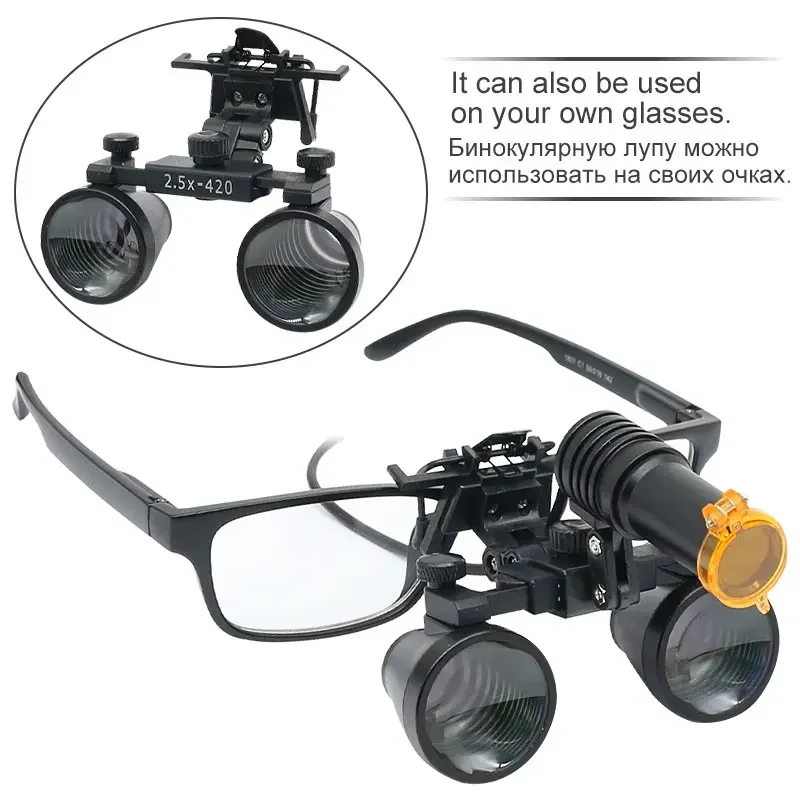 Binocular Dental Loupes 2.5X 3.5X Magnifier with 5W Headlight Yellow Filter Metal Box 320-420mm Working Distance Rechargeable