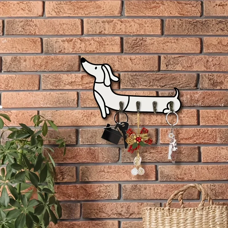 A white dachshund wall storage rack, wooden multi-functional home key holder, four metal hooks, suitable as a housewarming gift