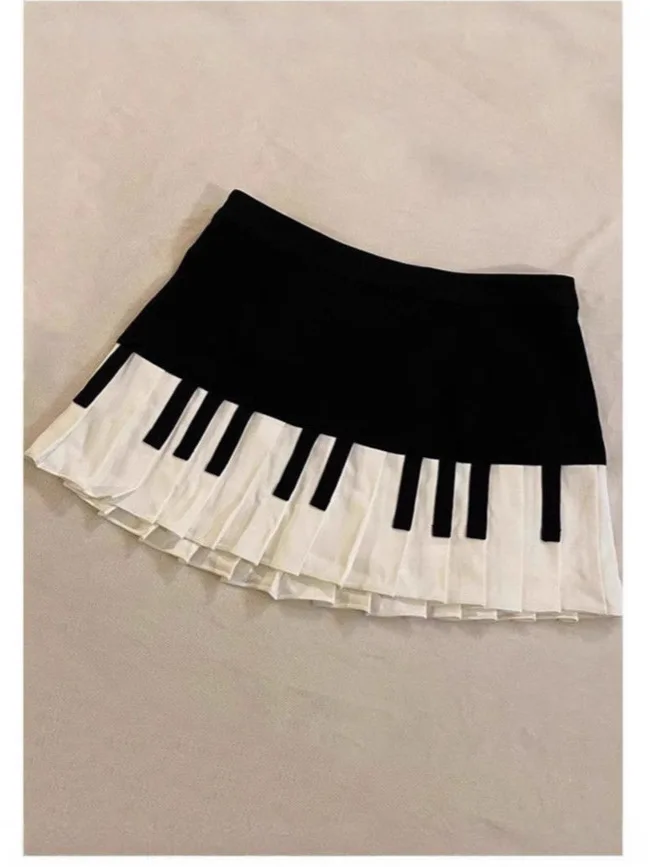 Retro Bla White Piano Plisowana Spódnica Street Sle Low Waist A-Line ort Spódnica dla kobiet w wieku 8-24 lat Letnia cienka tkanina