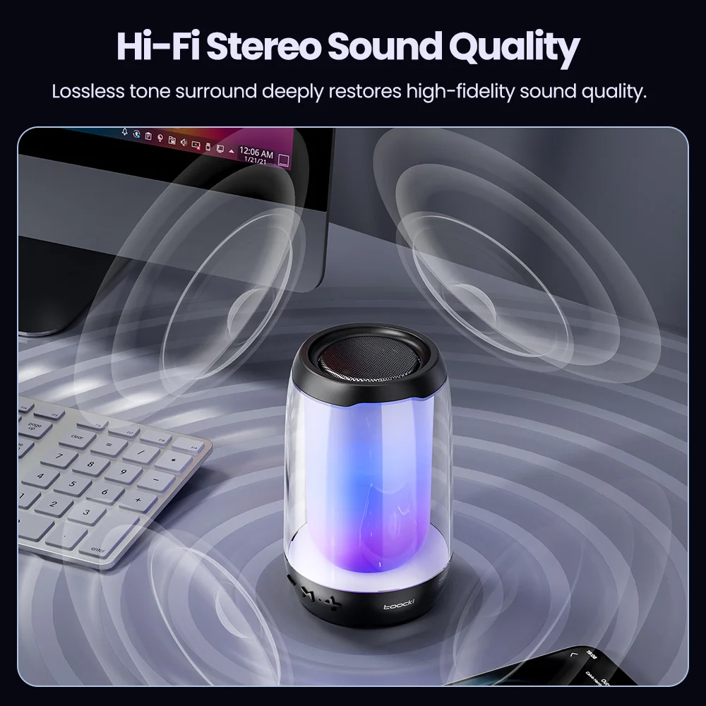 Toocki Portable Wireless Bluetooth Speaker Transparent LED Sound Box Subwoofer Outdoor Tfusb Playback Car Audio Bass MP3 Player