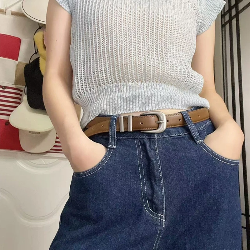 Unisex-Vintage-Gürtel aus echtem Leder, Rindsleder-Bund, Schwarz mit silberner Schnalle für Damen und Herren, modischer Gürtel für Jeans und Hosen – Detail 3