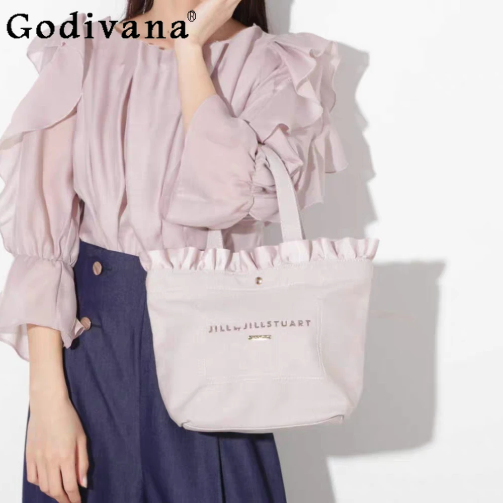 Japanese Ruffle Edge Canvas Women's Handbag Single Shoulder Bag Cute Shopping Bags Female Tote