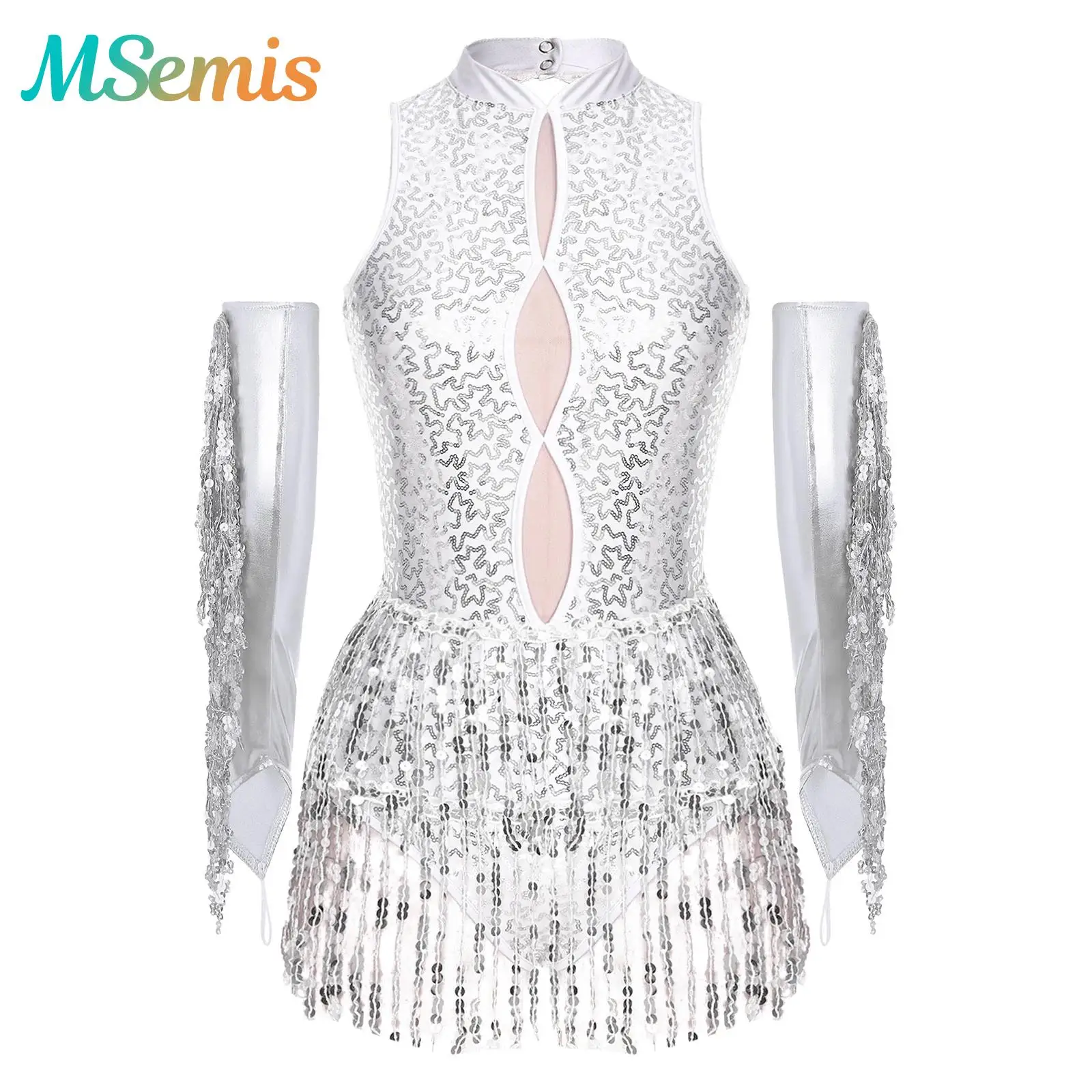 

Womens Latin Leotards Cha-Cha Dance Performance Costume Sparkling Sequin Fringed Bodysuit with Sequined Tassel Metallic Gloves