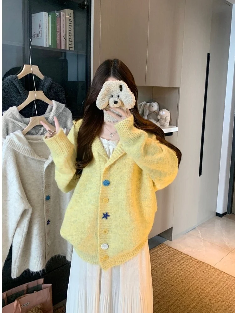 

plus Size Women's Soft Cozy Knitted Hoodie Outerwear Star Button Autumn Winter New Sle Commute Korean Loose Fit High Waist