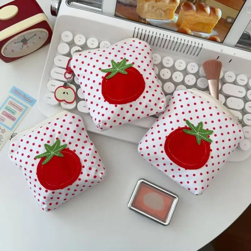 Portmonetka w kształcie pomidora, czerwona w kropki, mini portfel na pieniądze, urocza koreańska portmonetka na szminkę, słuchawki, torebka.
