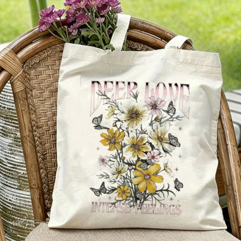 

1PC "Deep Love Intense Feelings" Floral Canvas Tote Eco-friendly Reusable Shoulder Bag