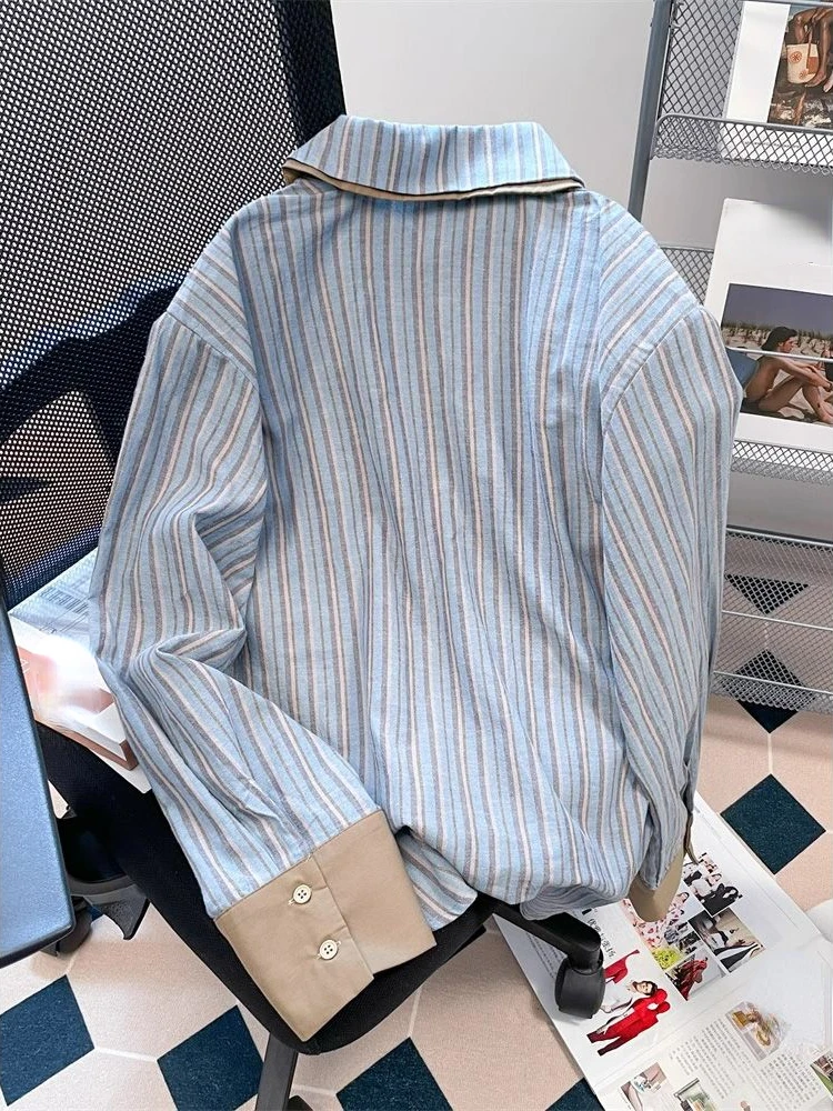 Preppy Style Shirts Turn Down Collae Long Sleeve Patchwork Striped Fashion Vintage Blouses All Match Casual Loose Women Clothing