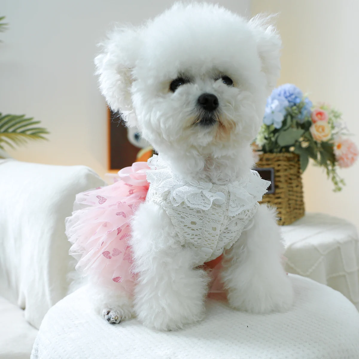 1PC Pet Clothing Spring and Autumn Pink Heart Puff Skirt Wedding Dress Princess Dress Suitable for Small and Medium sized Dogs