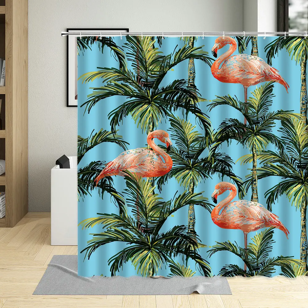 Pink Flamingo Floral Plant Palm Leaf Shower Curtain Coconut Tree Animal Illustration Bathroom Curtains Waterproof Bathtub Decor