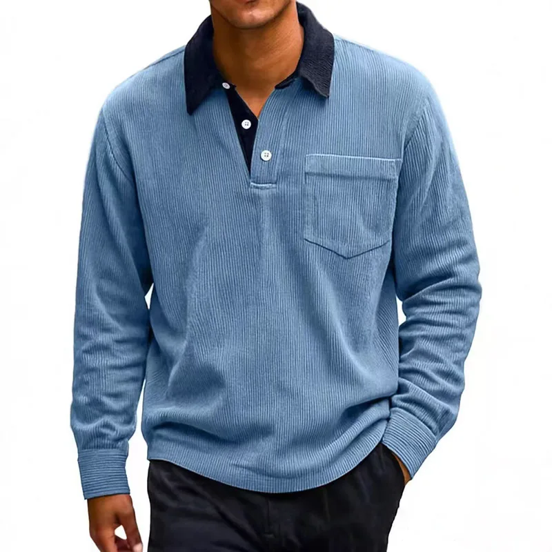 Spring Autumn Men's Luxury Corduroy Polo Shirts Casual Streetwear Button Long Sleeve Clothing Splicing Color Vintage Tees Shirts