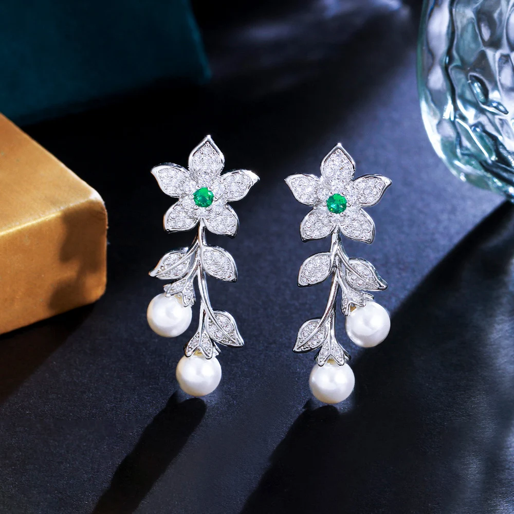 ThreeGraces New Fashion Green CZ Crystal Flower Shape Elegant Simulated Pearl Drop Earrings for Women Bridal Party Jewelry E1450