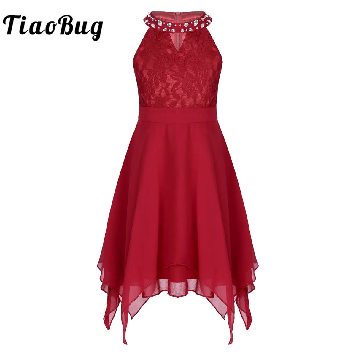 

Kids Girls Rhinestone Lace Floral High Low Chiffon Dress Halter Ballet Lyrical Contemporary Dance Costume Dancing Wedding Dress