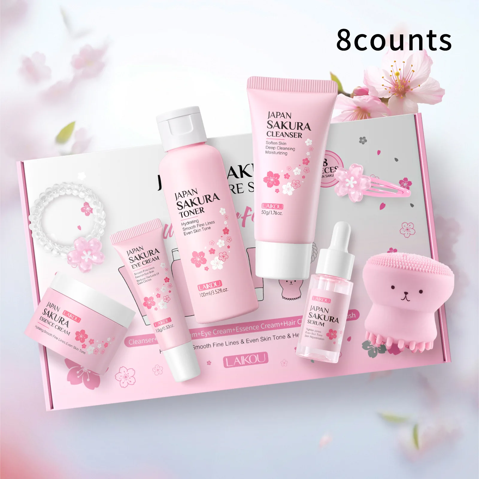 8pcs LAIKOU Sakura Skin Care Gift Box Facial Cleanser Skin Rejuvenating Serum Glowing Moisturizer Boost Radiance Toner Eye Cream