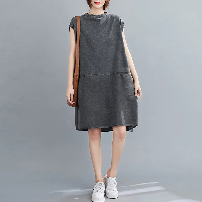 Waed White Denim Svel A-Line Dr round Ne Double ket One Button Large Size Women's Summer Dr Artistic Commu...